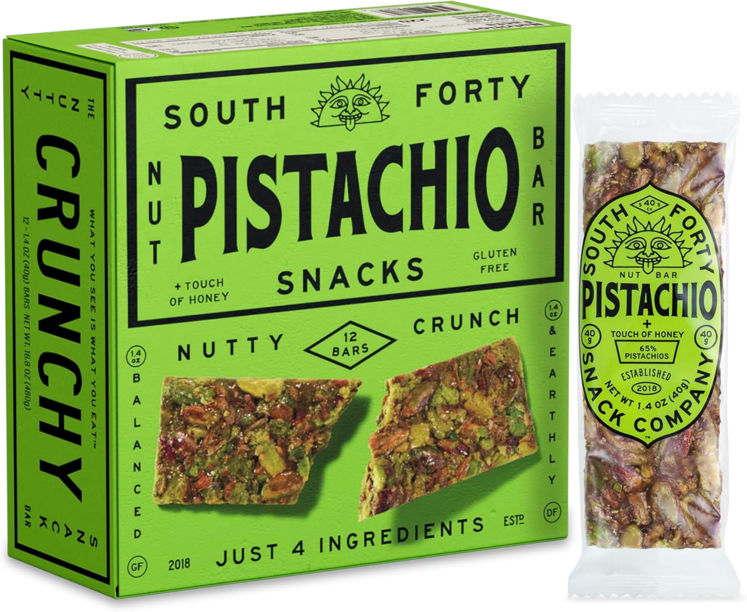 South 40 Snacks Crunchy Pistachio Bar, Just 4 Ingredients, Touch of Honey (40g Bar, Pack of 12)