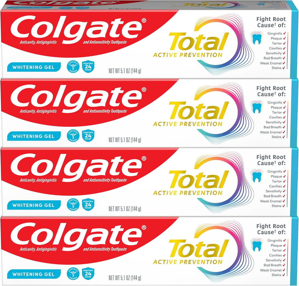 Colgate Total Active Prevention Whitening Gel Toothpaste with Fluoride, Bulk with Clinically Proven Formula That Fights Plaque Bacteria, Mint, 4 Pack, 5.1 oz