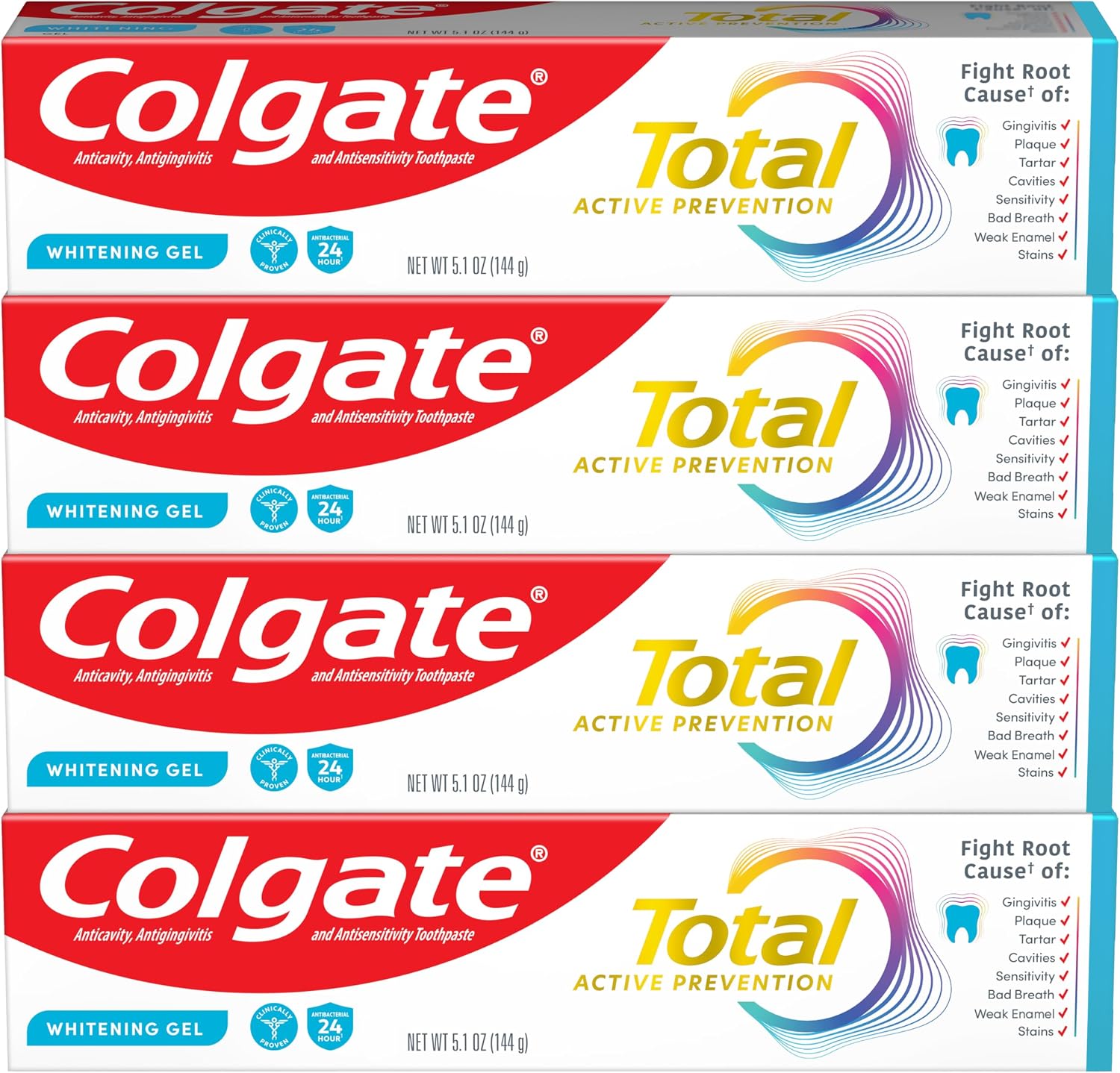 Colgate Total Active Prevention Whitening Gel Toothpaste with Fluoride, Bulk with Clinically Proven Formula That Fights Plaque Bacteria, Mint, 4 Pack, 5.1 oz