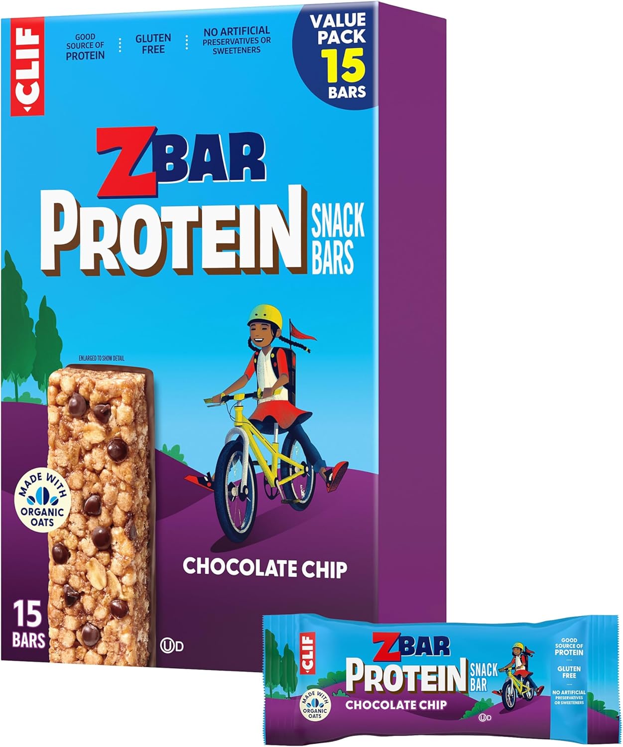 Zbar Protein - Chocolate Chip - Crispy Snack Bars - Made with Organic Oats - Non-GMO - 5g Protein - Gluten Free Protein Bars (15 Pack)