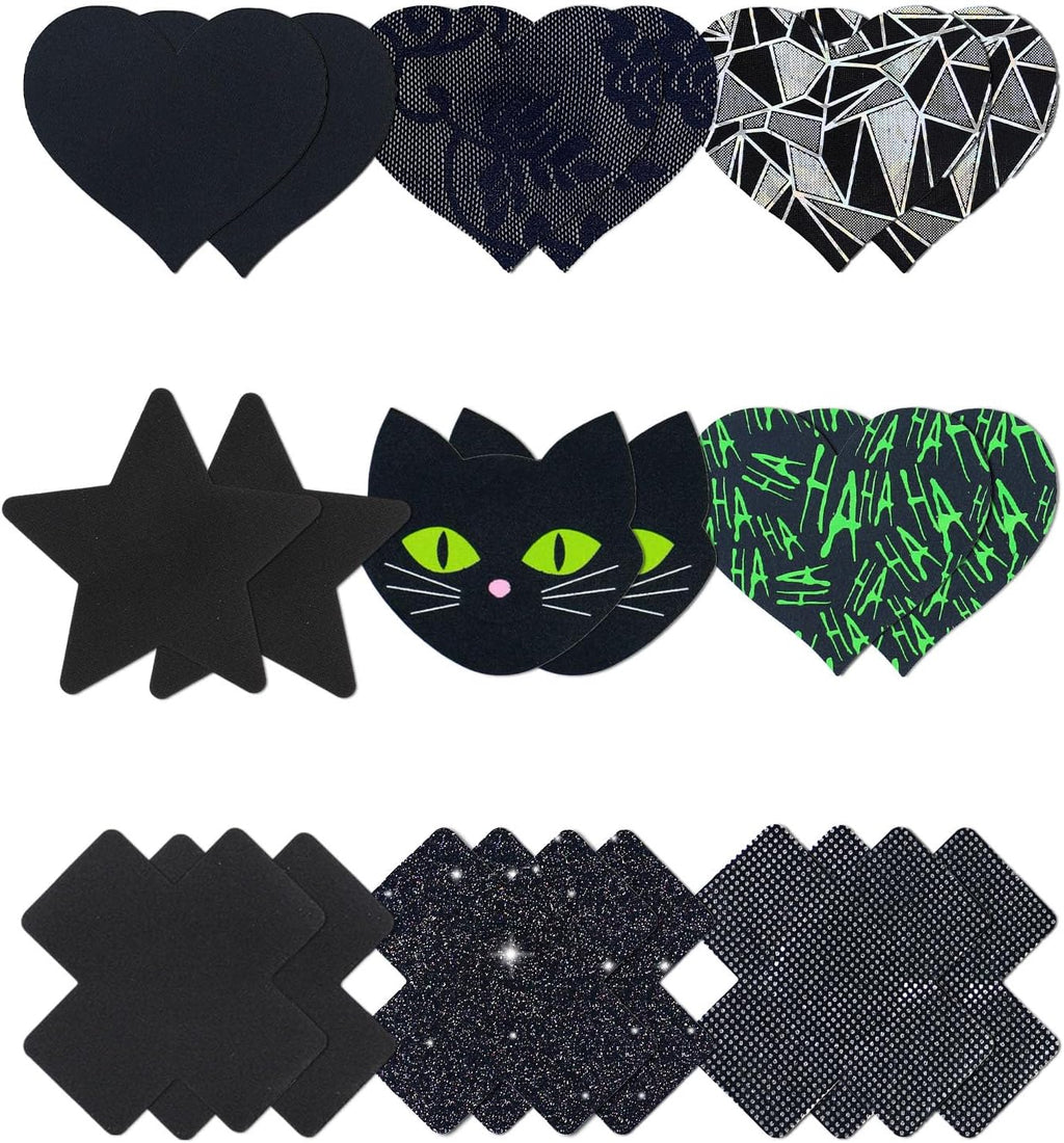 CICKEE Nipple Pasties Black 9 Pairs Rave Pack Nipple Covers Stickers for Rave, Music Festivals, Beach or Daily Wear
