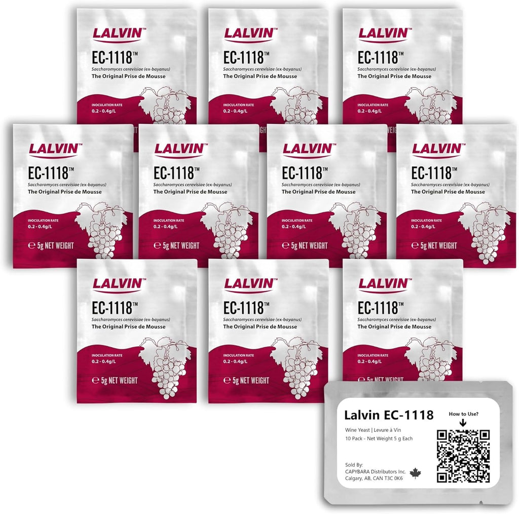 Lalvin EC-1118 Wine Yeast (10 Pack) - Champagne Yeast - Make Wine Cider Mead Kombucha At Home - 5 g Sachets - Saccharomyces cerevisiae - Sold by CAPYBARA Distributors Inc.