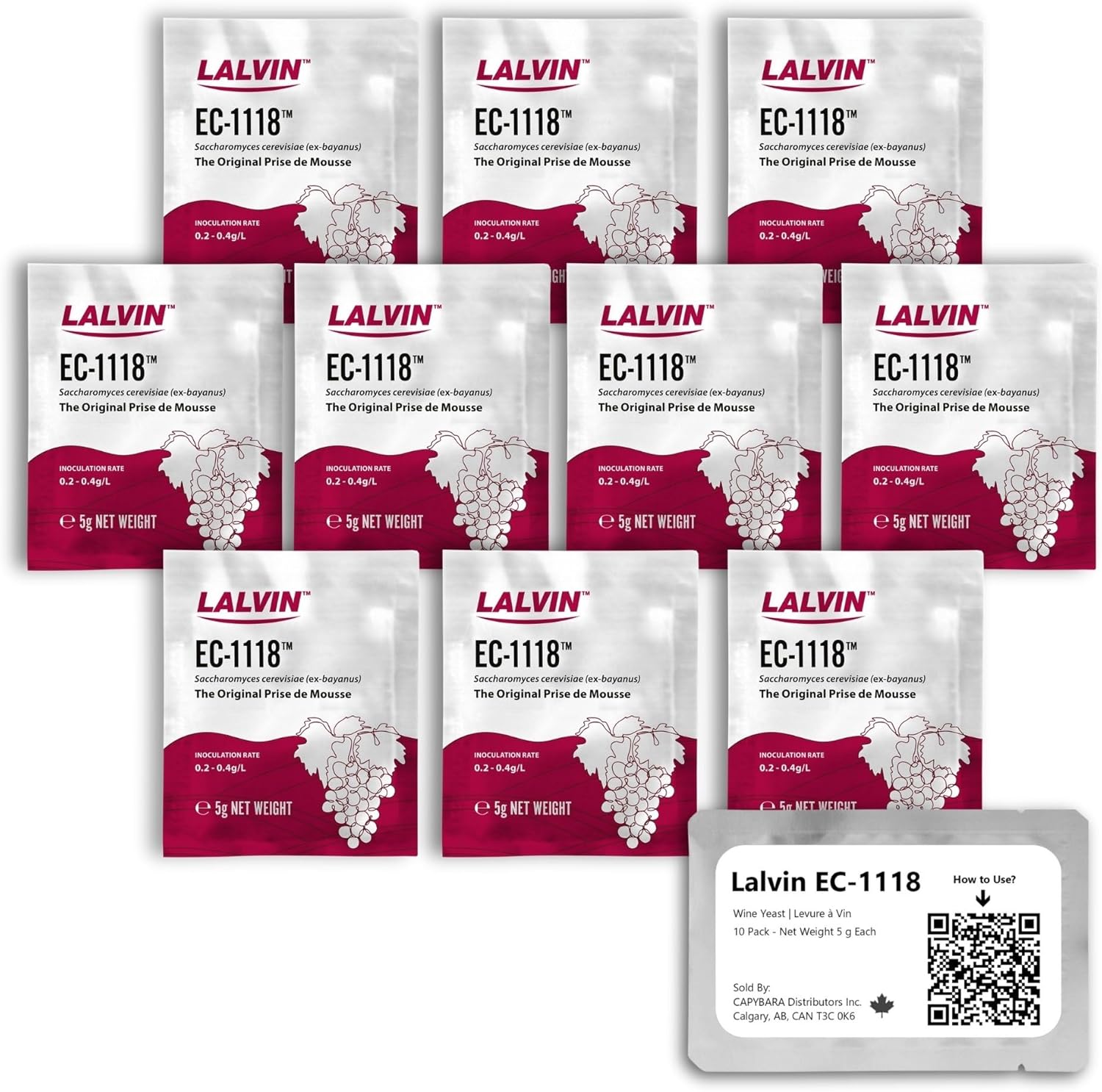 Lalvin EC-1118 Wine Yeast (10 Pack) - Champagne Yeast - Make Wine Cider Mead Kombucha At Home - 5 g Sachets - Saccharomyces cerevisiae - Sold by CAPYBARA Distributors Inc.