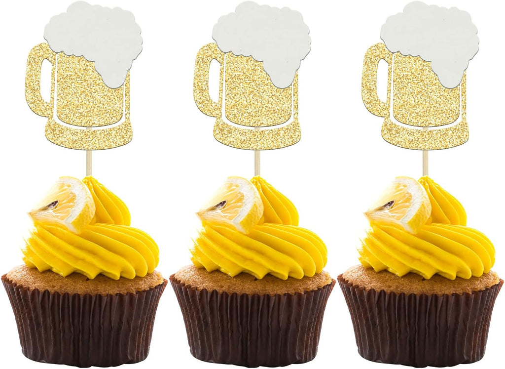 Gyufise 24Pcs Cheers Beer Mug Cupcake Toppers Gold Glitter Beers Cake Topper Decorations Cheers Beer Festival Celebrating Birthday Party Supplies