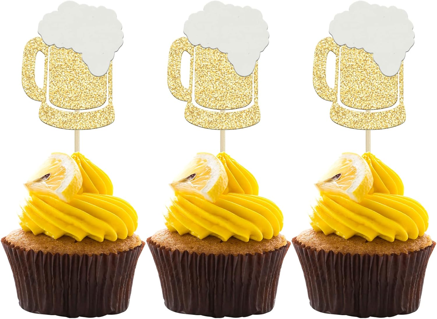 Gyufise 24Pcs Cheers Beer Mug Cupcake Toppers Gold Glitter Beers Cake Topper Decorations Cheers Beer Festival Celebrating Birthday Party Supplies