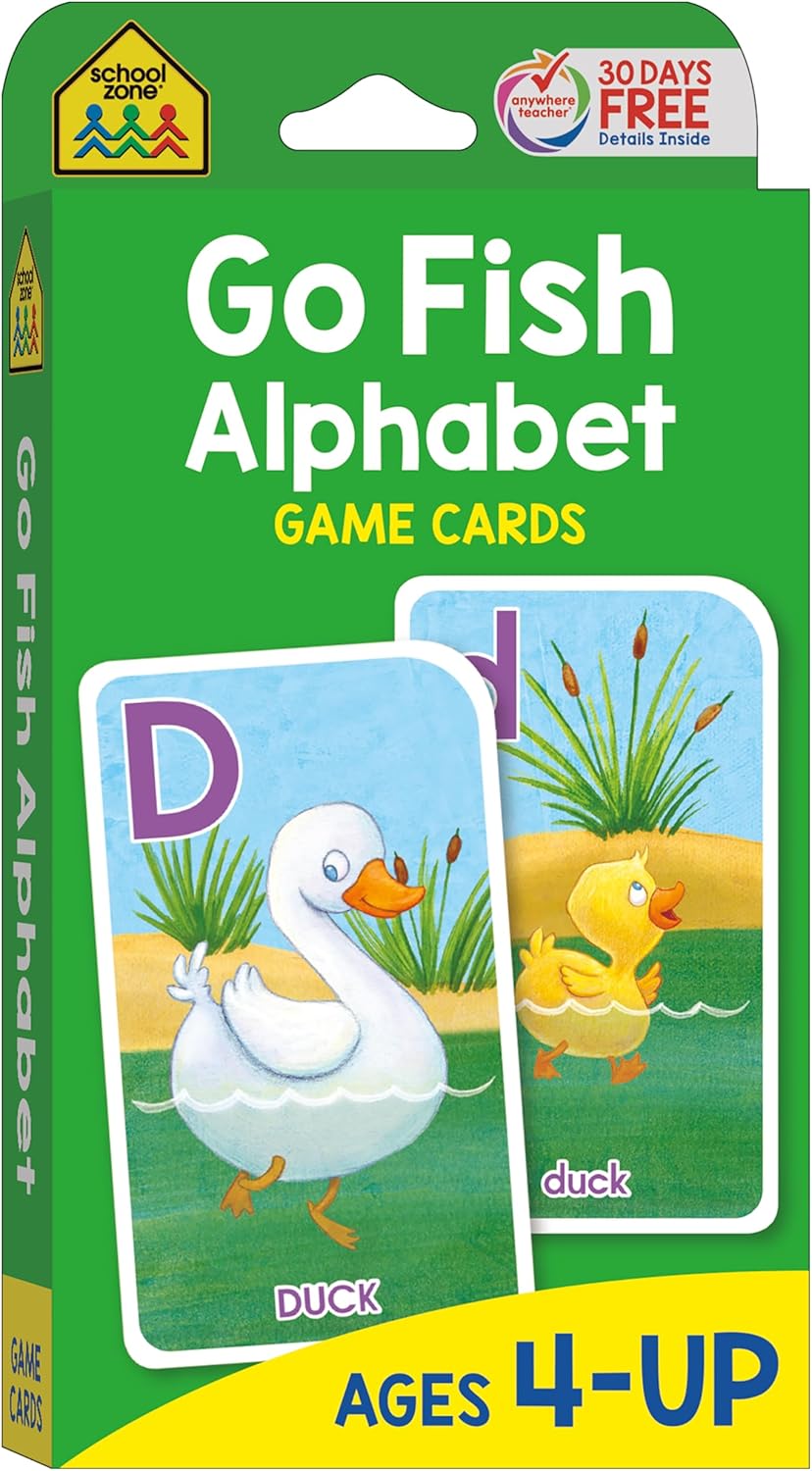 School Zone Go Fish Alphabet Game Cards: Preschool, Kindergarten, 1st Grade, ABC's, Matching, Uppercase and Lowercase Letters, Word-Picture Recognition, Animals, Ages 4+, Packaging May Vary