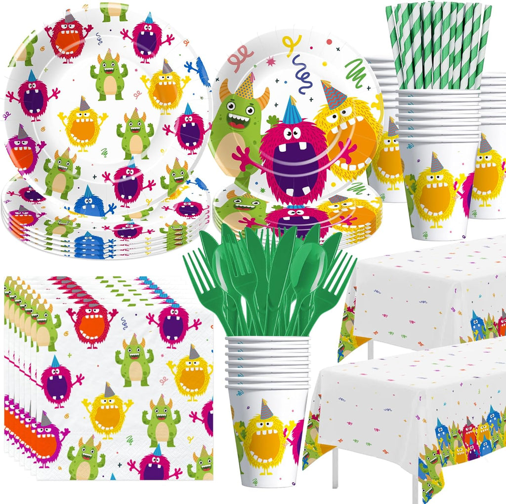 Xigejob Monster Birthday Party Supplies - Monster Party Decorations Tableware, Plate, Cup, Napkin, Tablecloth, Cutlery, Monsters Theme 1st 2nd 3rd Birthday Baby Shower Decorations Dinnerware| Serve 24