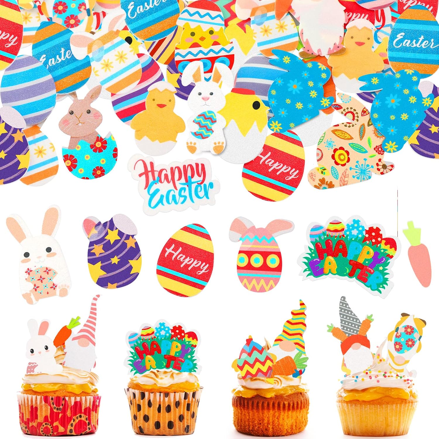 300 Pieces Easter Cake Toppers Edible Cupcake Topper Wafer Paper Birthday Decor for Easter Theme Party Cake Cupcake Rabbit Chicken Gnome Eggs