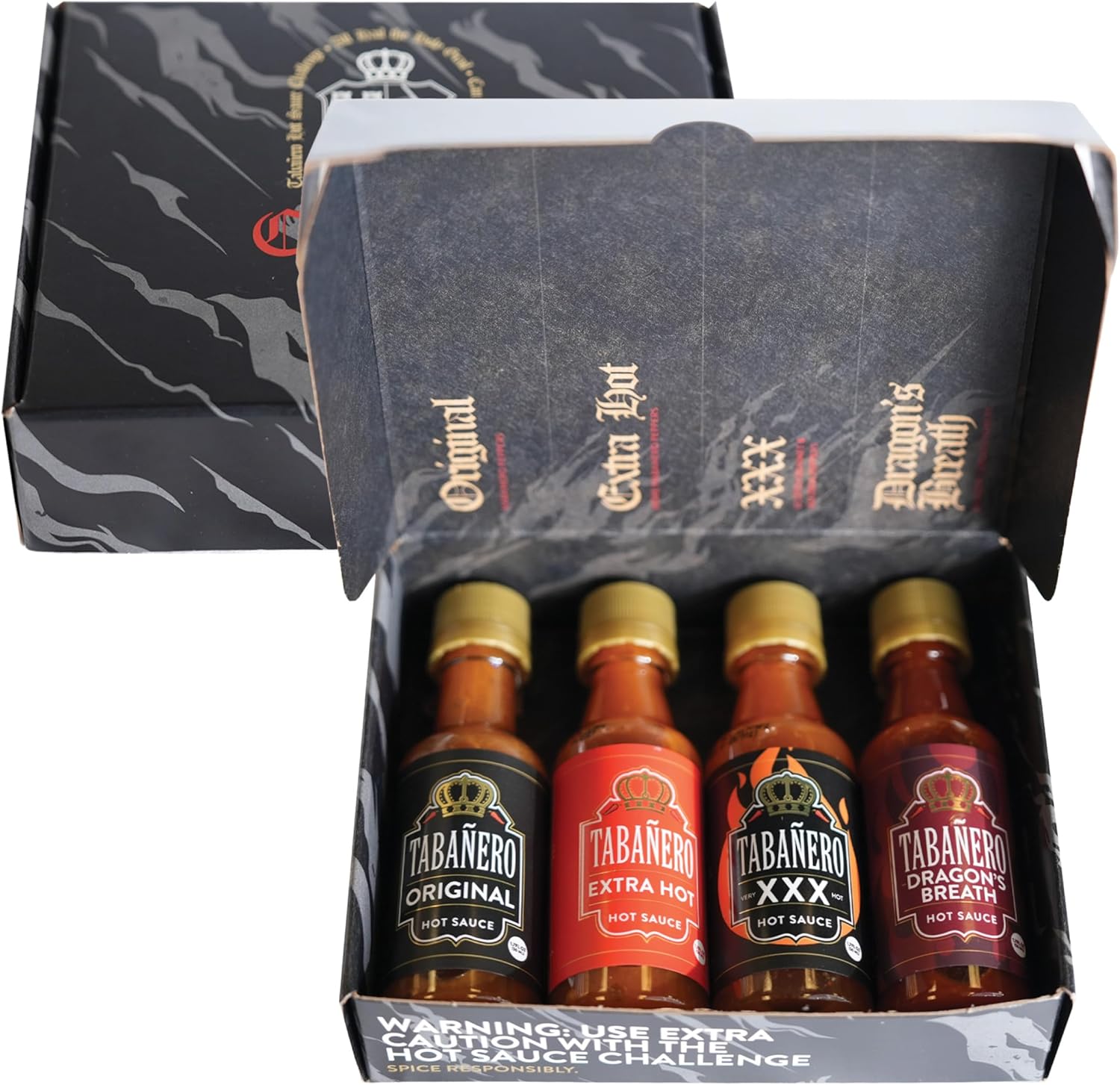 Tabañero Challenge Box, Hot Sauce Gift Set, 4 Pack, Original, Extra, XXX Hot and Dragon's Breath, 1.7 oz Mini Glass Bottles, Gluten Free, All Natural, Low Sodium, Vegan, Kosher, Made in the USA, Easter Gifts for Men