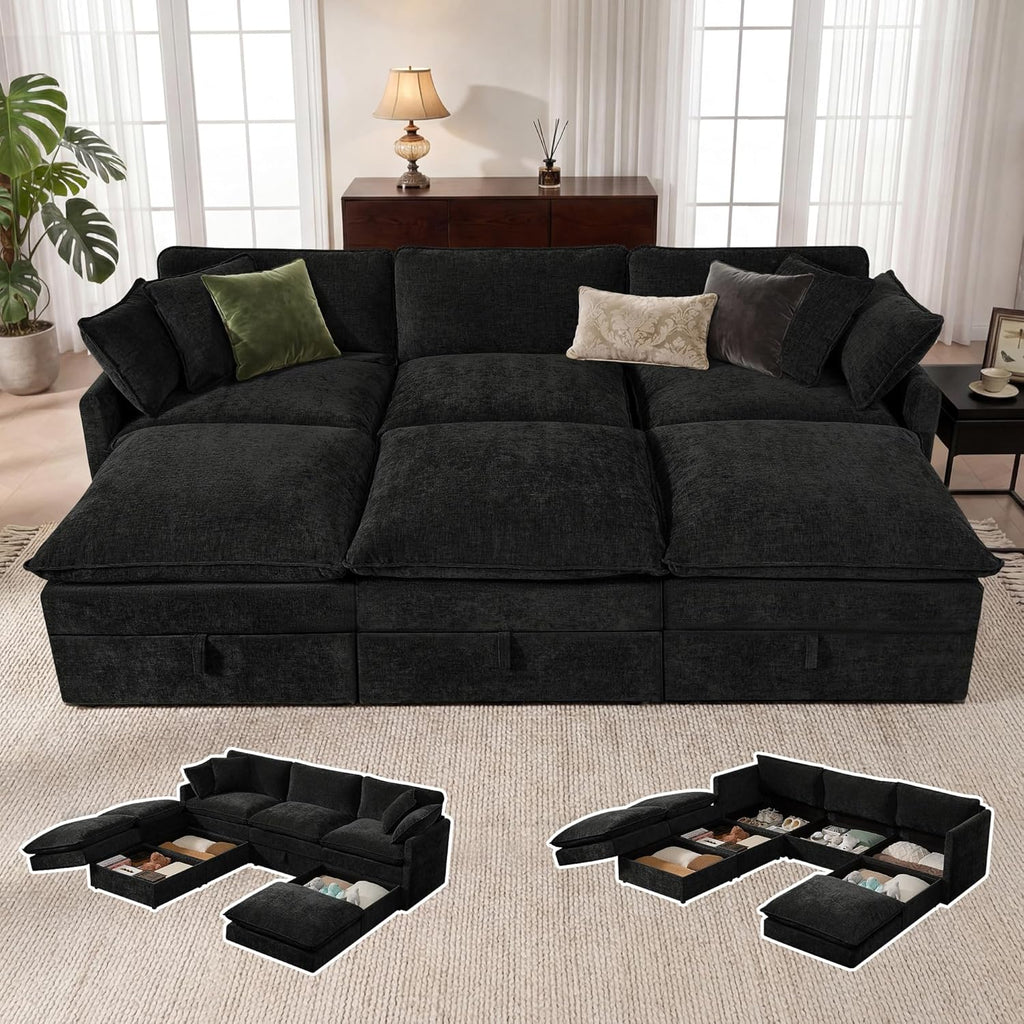 Myroyalsit Modular Sofa with Storage, 103" Sofa Bed Sleeper Sofa Bed Sectional Cloud Couch, Oversized Fabric Couch with Movable Ottoman, 6 Seat Modern Deep Seat Sofa for Living Room (Black Chenille)