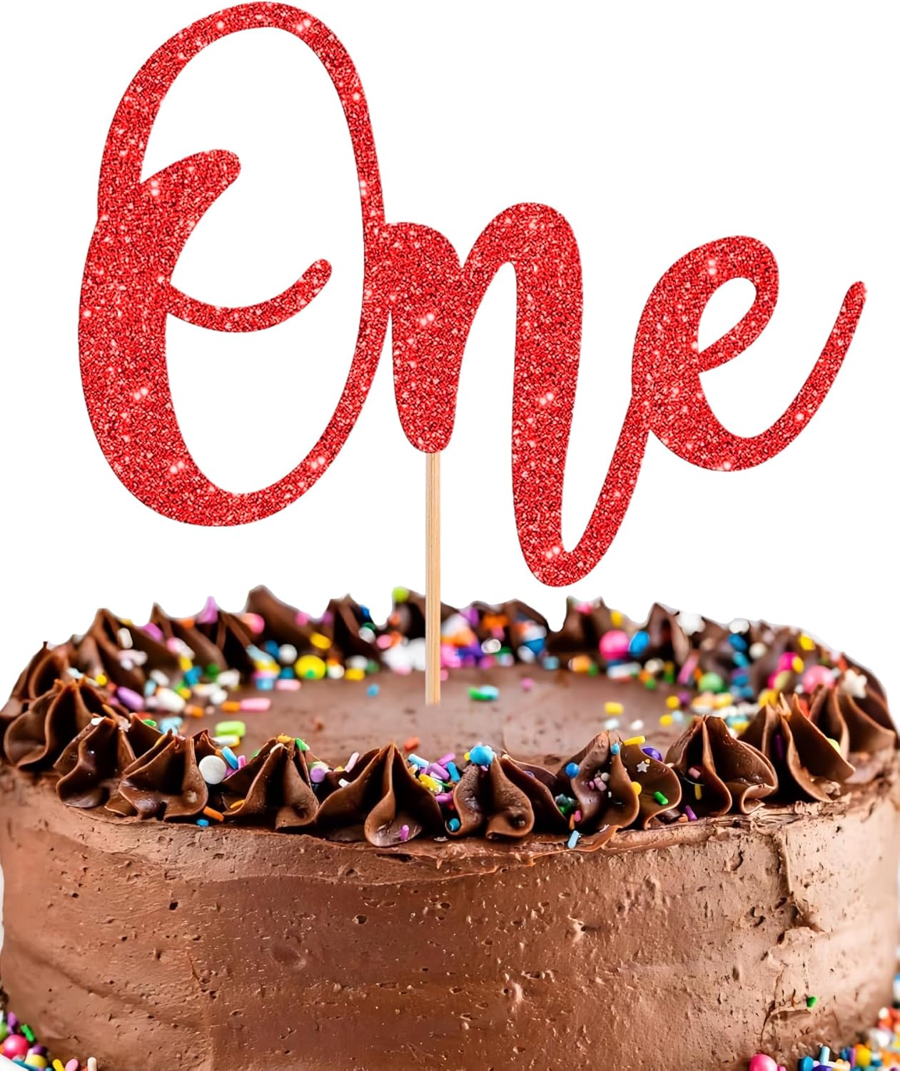 First Birthday Cake Topper - Glitter Red 1st Birthday Cake Decorations, One Year Old Cake Smash Decor, One Sign Cake Top Photo Booth Props (Red)