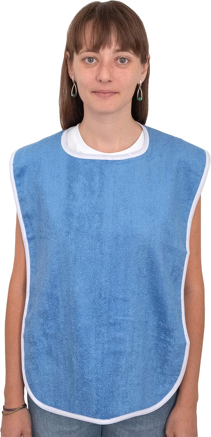 Adult Bibs for Eating - Adult Bibs for Women - Bib for Men & Seniors - Bib for Adults, Clothing Protector, 100% Cotton Terry Cloth, Large 18x30, Absorbent, Machine Washable, Blue, 12 Pack
