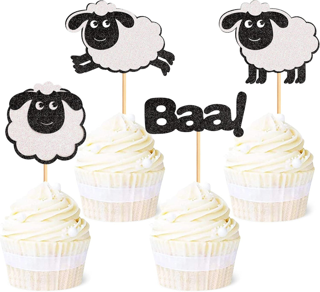 Ercadio 24 Pack Sheep Cupcake toppers Black Glitter Farm Animals Cupcake Picks Sheep Baa Cupcake Decors Sheep Theme Baby Shower Birthday Party Supplies