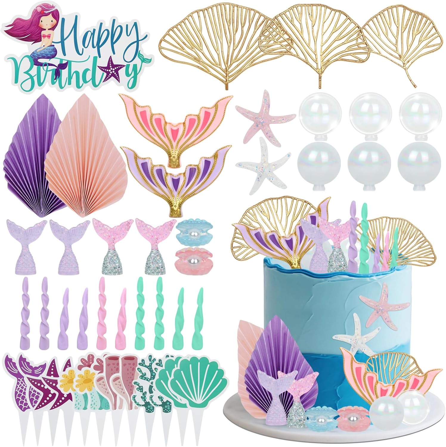 Mermaid Cake/Cupcake Toppers, 42PCS, Mermaid Tail Seaweed Shells Starfish Under the Sea Cake Decorations