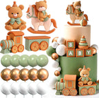 JeVenis Sage Green Bear Cake Decoration Baby Bear Natural Baby Shower Cake Topper Bears Train Cake Decoration Baby Shower Birthday Cake Decoration