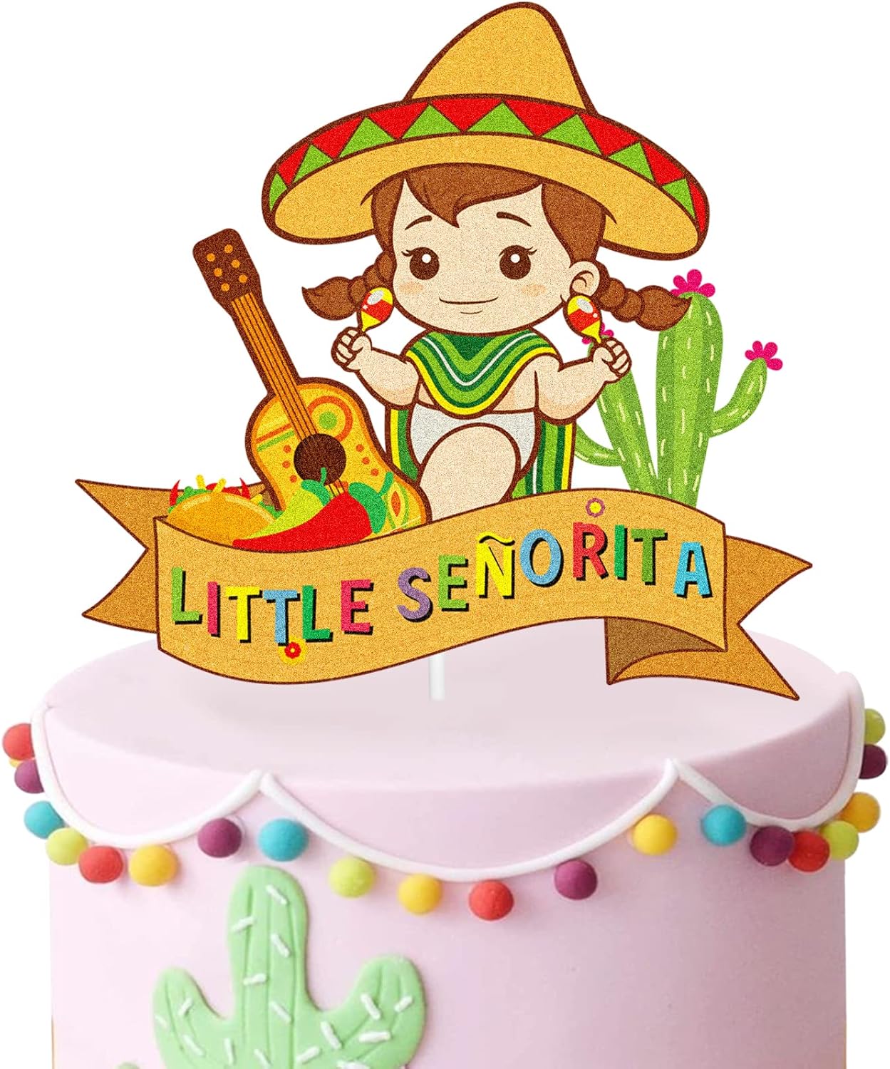 Little Senorita Birthday Cake Topper - Girl Baby Shower - Gender Reveal Baby Senoria On Her Way - Glitter Sombrero Mexican Fiesta Party Decoration