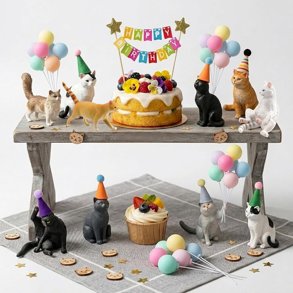 31PCS Realistic Cat Cake Toppers Set, 10 Hand-Painted Miniature Cat Figurines with Birthday Banner, Balloons, Party Hats, Perfect for Cat Themed Birthday Party, Baby Shower, Home Decor for Cat Lovers