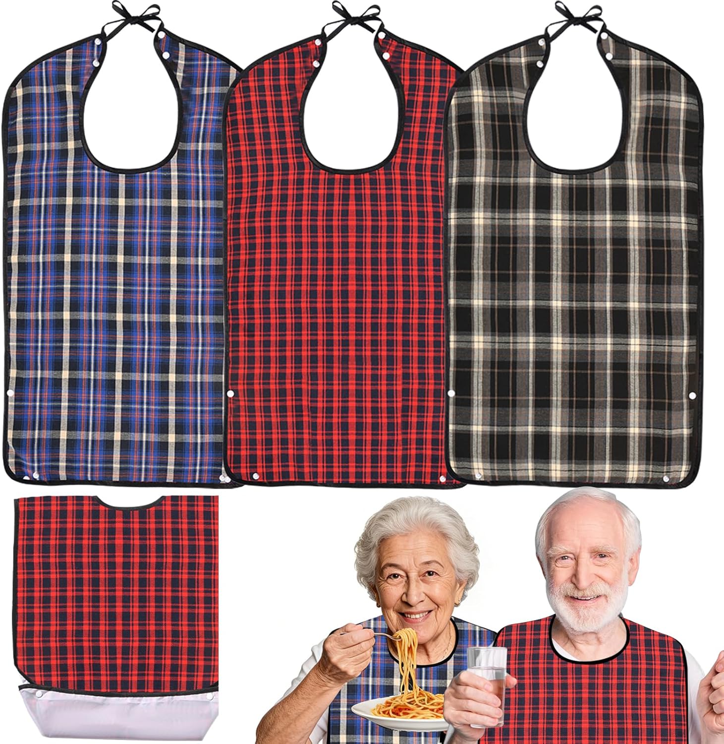 3 Pcs Adult Bibs For Men Women Washable, Reusable Waterproof Large Bibs For Adult, Clothing Protector With Crumb Catcher For Eating, Feeding Bib For Men Women Elderly Senior