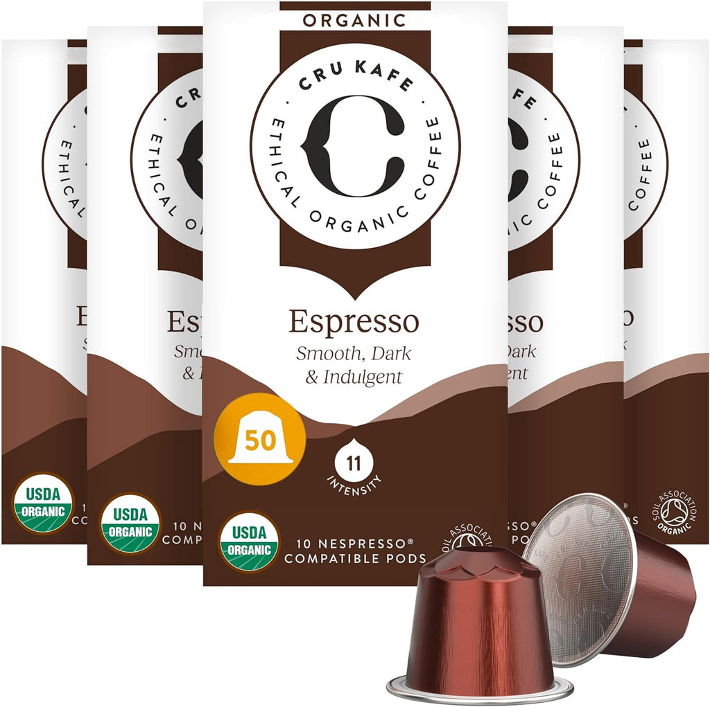 Cru Kafe Strong Espresso USDA Organic Espresso Coffee Capsules (50 Pods) Fairtrade Coffee Pods Compatible with Nespresso Original Line and Pixie Machines