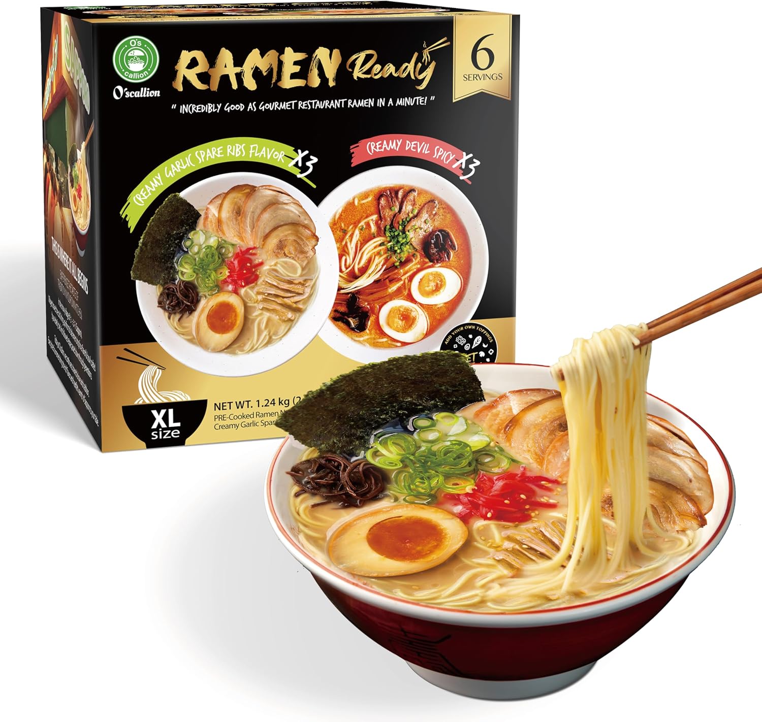 O'scallion Pack of 6 Ramen Noodles - Authentic Japanese Taste - Fresh Pre-Cooked Noodles, Rich Soup Base & Veggie Pack - Enjoy Restaurant-Style Ramen at Home in Seconds (6 Servings, Creamy Garlic Spare Ribs Variety)