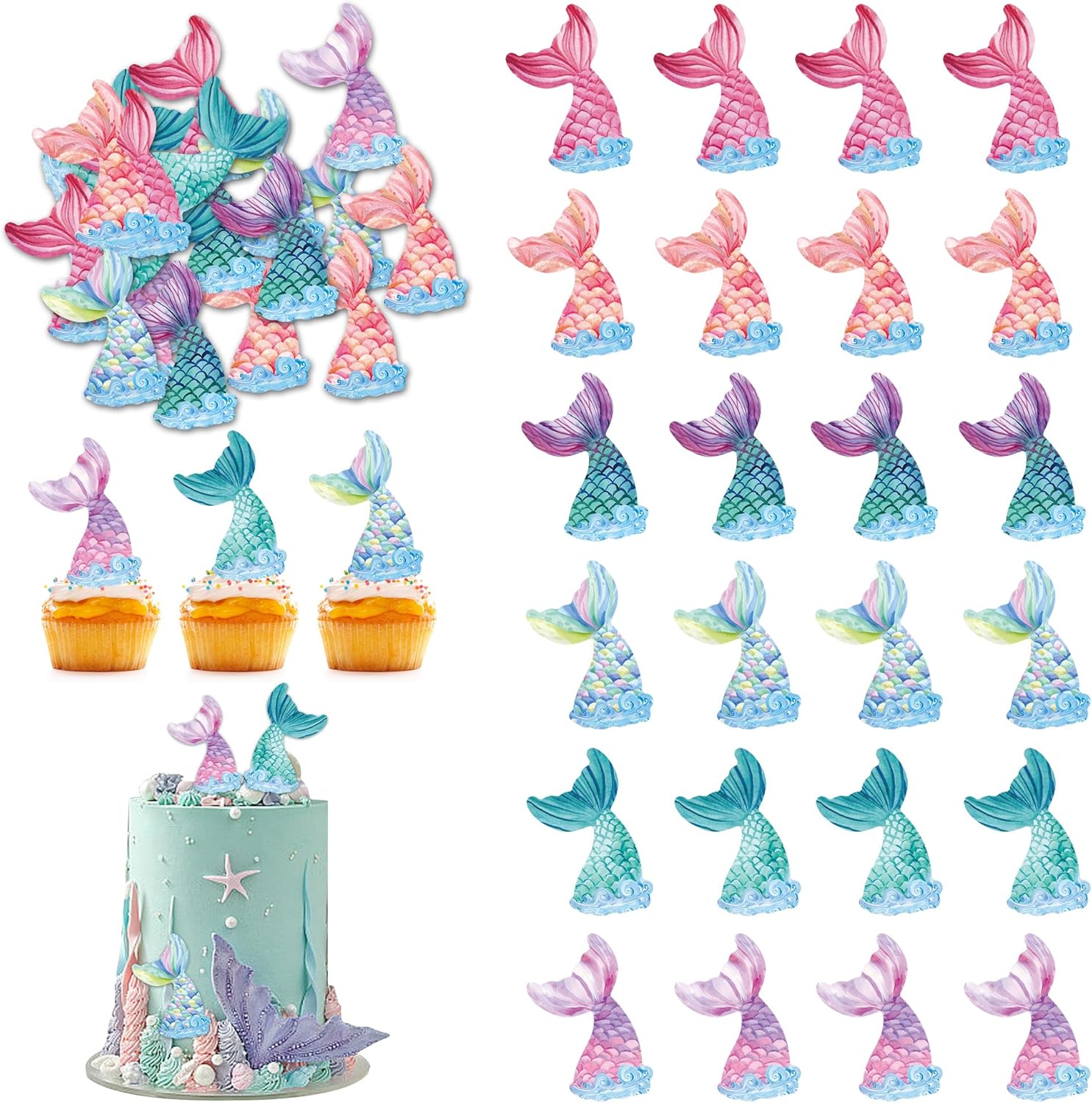 48Pcs Edible Mermaid Tail Cupcake Toppers Wafer Paper Mermaid theme Birthday Party Baby Showers Party Decoration