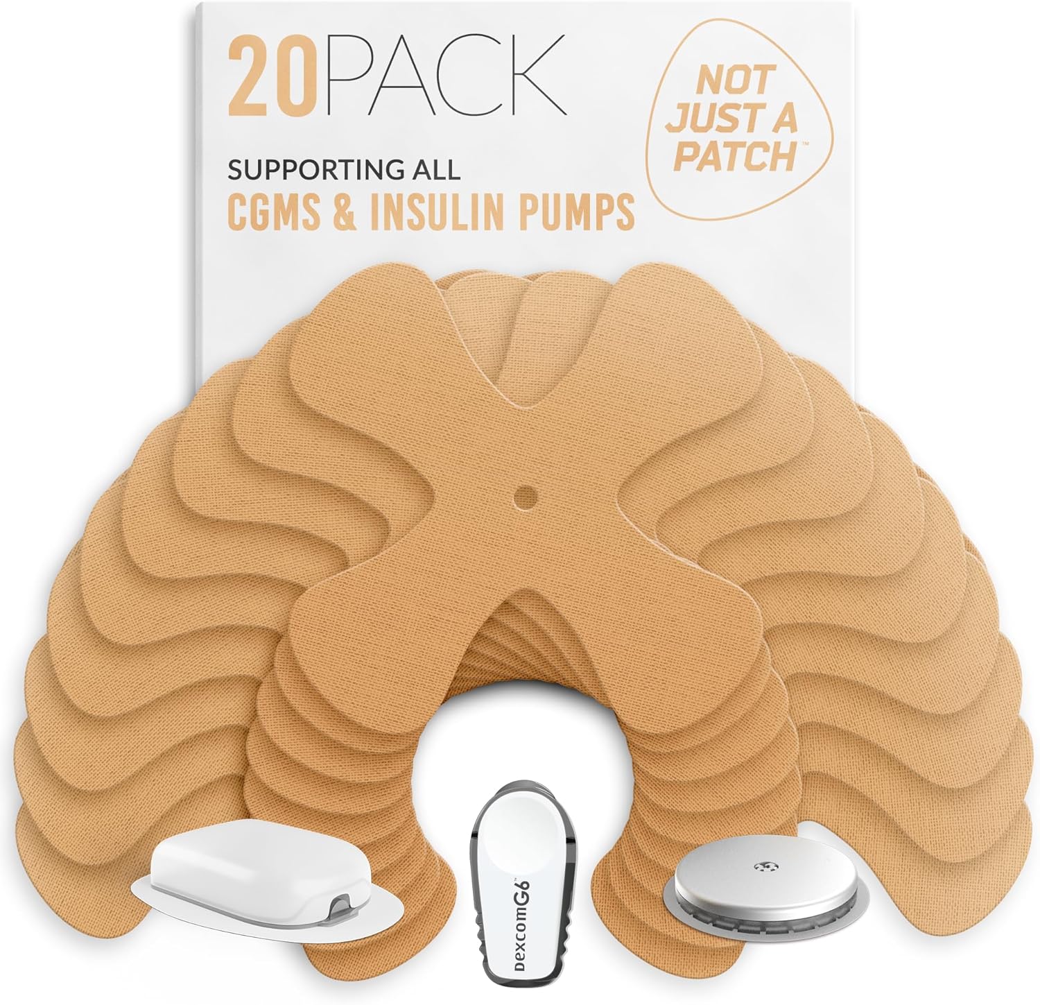 Not Just A Patch X-Patch CGM Sensor Patches (20 Pack) - Water Resistant Omnipod 5 Adhesive Patches - Durable for Active Lifestyle for 10-14 Days - Compatible with Dexcom G6, Libre 2 in Beige