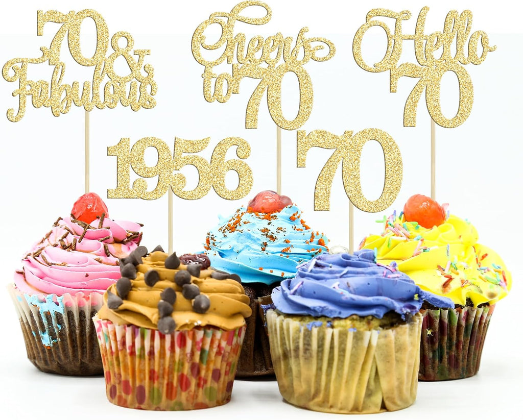 Gyufise 30Pcs 70th Birthday Cupcake Toppers 70 Fabulous Cupcake Picks Cheers to 70 1956 Cake Decorations for Happy 70th Birthday Wedding Anniversary Party Decoration Supplies Gold