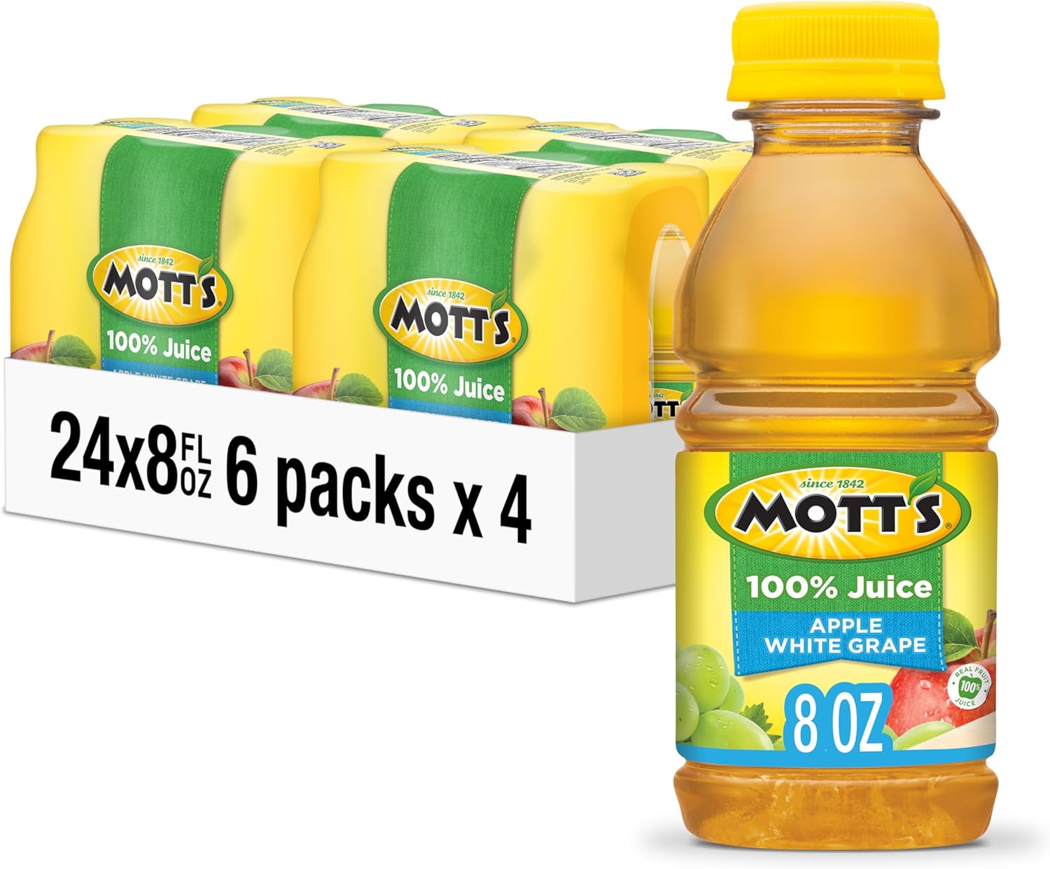 Mott's 100% Apple White Grape Juice, 8 Fl Oz Bottles, 24 Count (4 Packs Of 6), No Added Sugar, Excellent Source Of Vitamin C, 2 Servings Of Fruit Per Bottle, Gluten & Caffeine Free, On-the-go