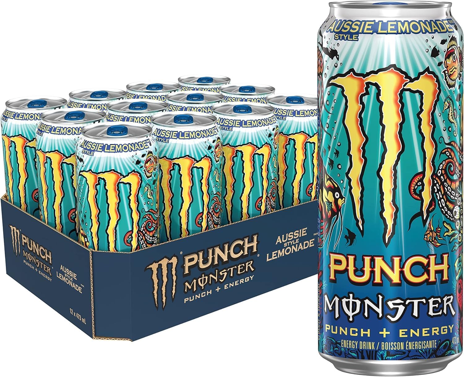 Monster Punch + Energy Aussie Style Lemonade Energy Drink, 473 mL Cans, 12 Pack,