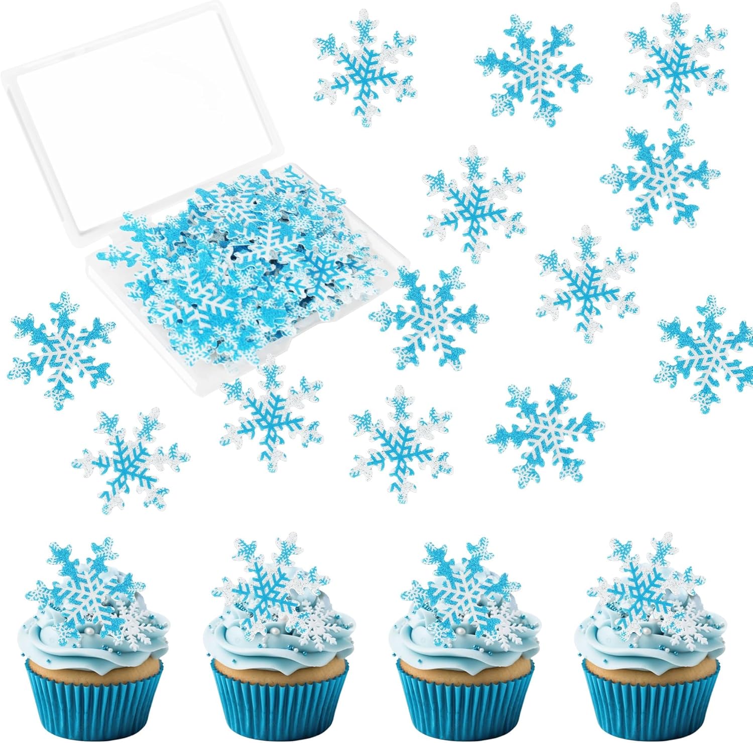 50 PCS Edible Snowflake Cupcake Toppers Wafer Paper Snowflake Cake Decorations Edible Snowflake Cupcake Picks Topper for Christmas Winter Frozen Theme Baby Shower Birthday Party Decor Supplies