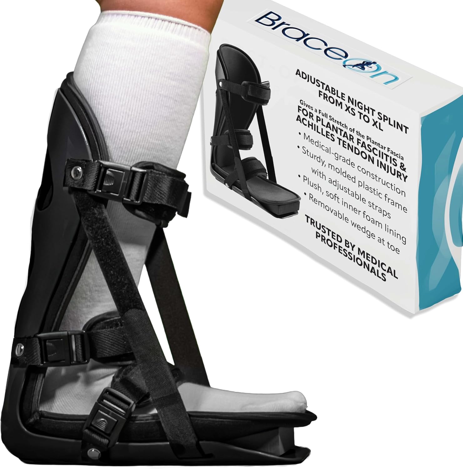Brace On Kids Adjustable Night Splint - Pediatric Plantar Fasciitis, Achilles Tendon, Heel Spur, Injury, Foot Splint Boot for Children, Black, Size XS