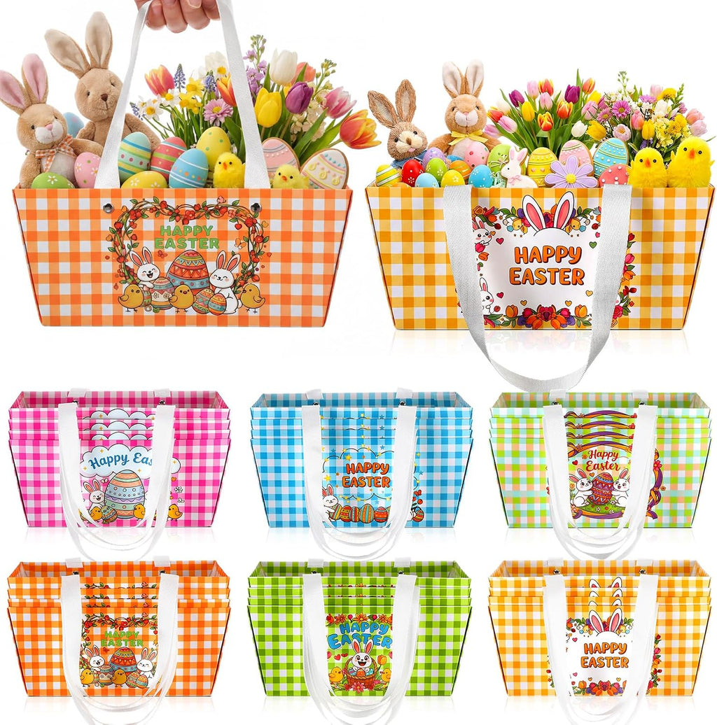 Glenmal 24 Pcs Easter Gift Basket Easter Paper Treat Boxes with Handles Cute Bunny Egg Candy Cookies Boxes Waterproof Reusable Gift Bags for Holiday Party Favors Supplies Decoration(Classic)