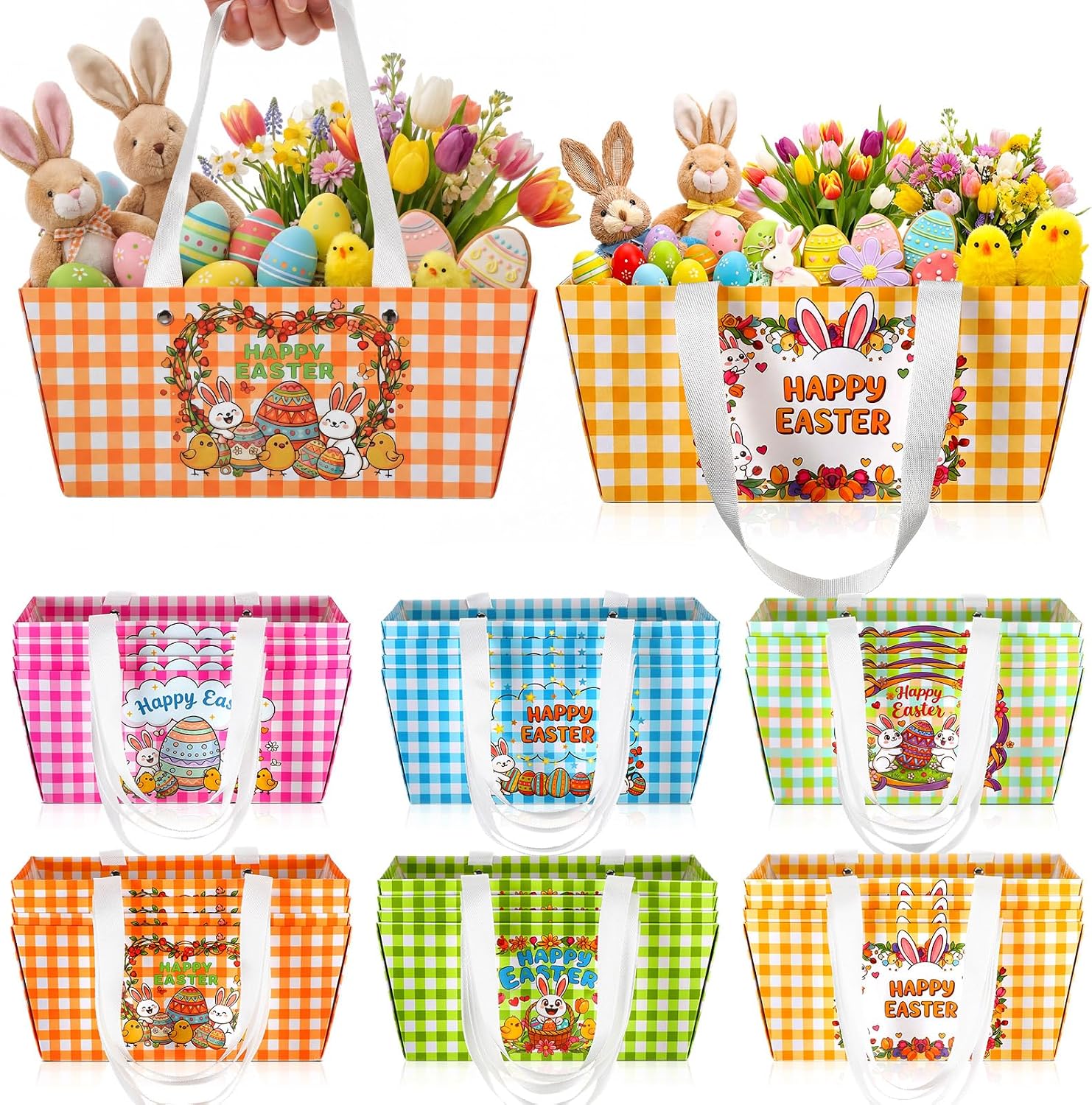 Glenmal 24 Pcs Easter Gift Basket Easter Paper Treat Boxes with Handles Cute Bunny Egg Candy Cookies Boxes Waterproof Reusable Gift Bags for Holiday Party Favors Supplies Decoration(Classic)
