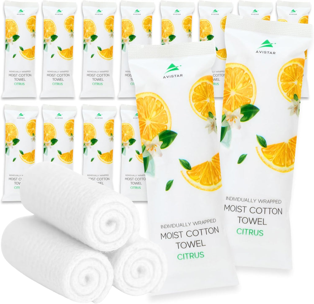 30 Hot or Cold Wrapped Moist Towels –9'' x 9" Moist Towelettes Individually Wrapped Scented Disposable Face & Hand –Pre-Moistened Hand Wipes Soft Refreshing, Travel, Spa, Restaurant- Citrus/Lemon