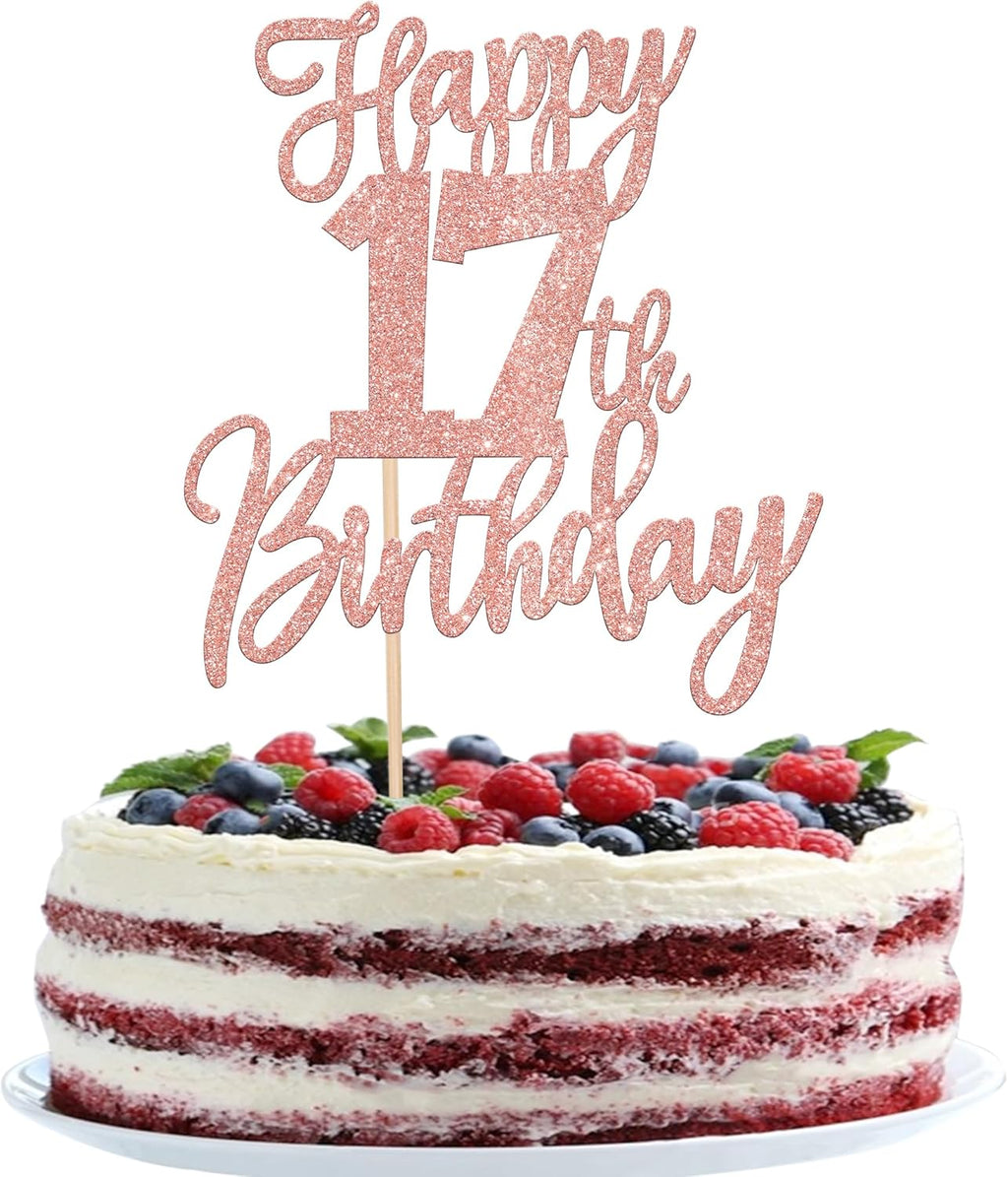 1 PCS Happy 17th Birthday Cake Topper Glitter Cheers to 17 Years Birthday Cake Pick Seventeen Hello 17 Cake Decoration for Happy 17th Birthday Anniversary Theme Party Decorations Rose Gold