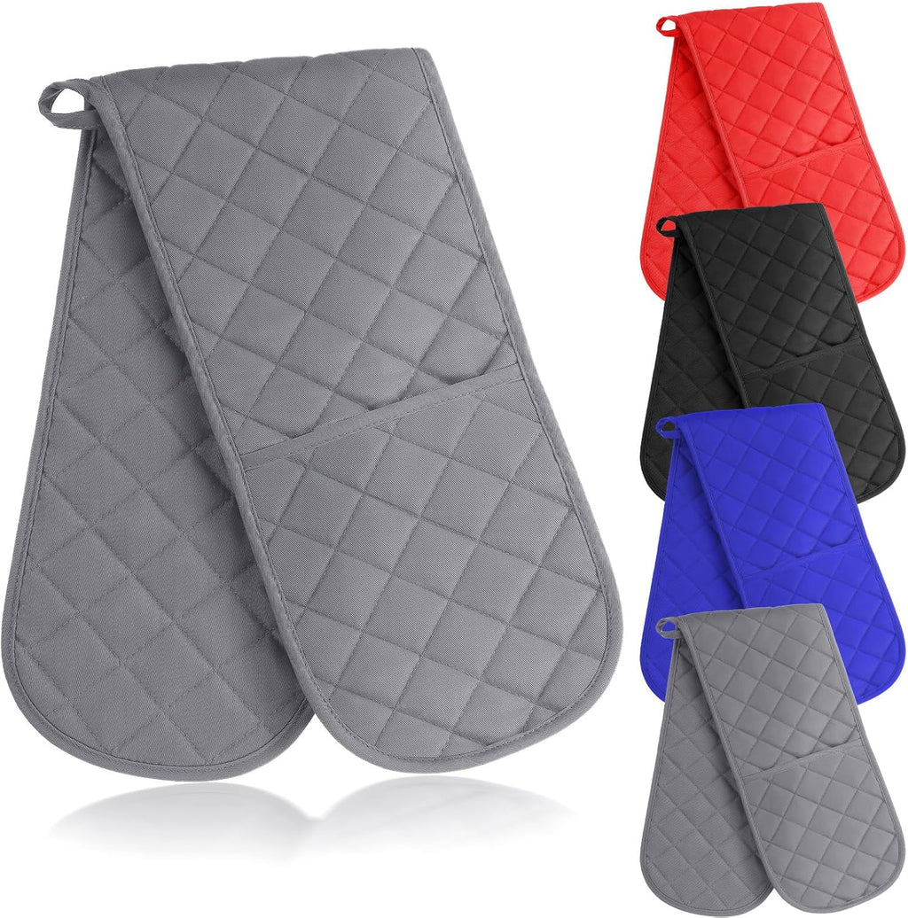 TecUnite 4 Pcs Double Oven Mitt Double Chef Kitchen Cooking Heat Resistant Gloves Potholders Modern Oven Gloves Cotton Black Blue Red Gray Kitchen Oven Mitts Set for Home Cooking