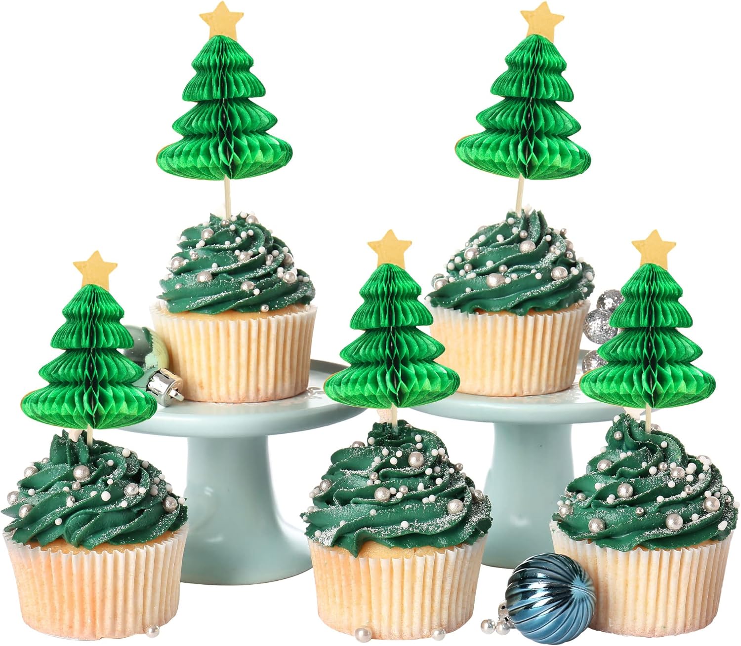 Gyufise 24Pcs Christmas Tree Cupcake Toppers Green 3D Christmas Tree Cupcake Picks for Merry Xmas Theme New Year Holiday Baby Shower Kids Birthday Party Cake Decorations Supplies