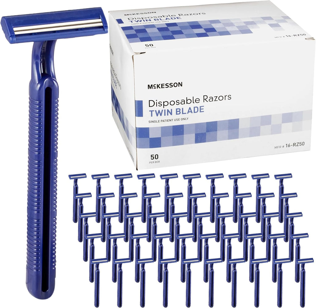 McKesson Disposable Razors [50 Count] – Twin Blade Bulk Shaving Razors for Men & Women, Stainless Steel, Blue, Single-Use for Medical Clinics, Tattoo, Travel, Camping & Salon Care