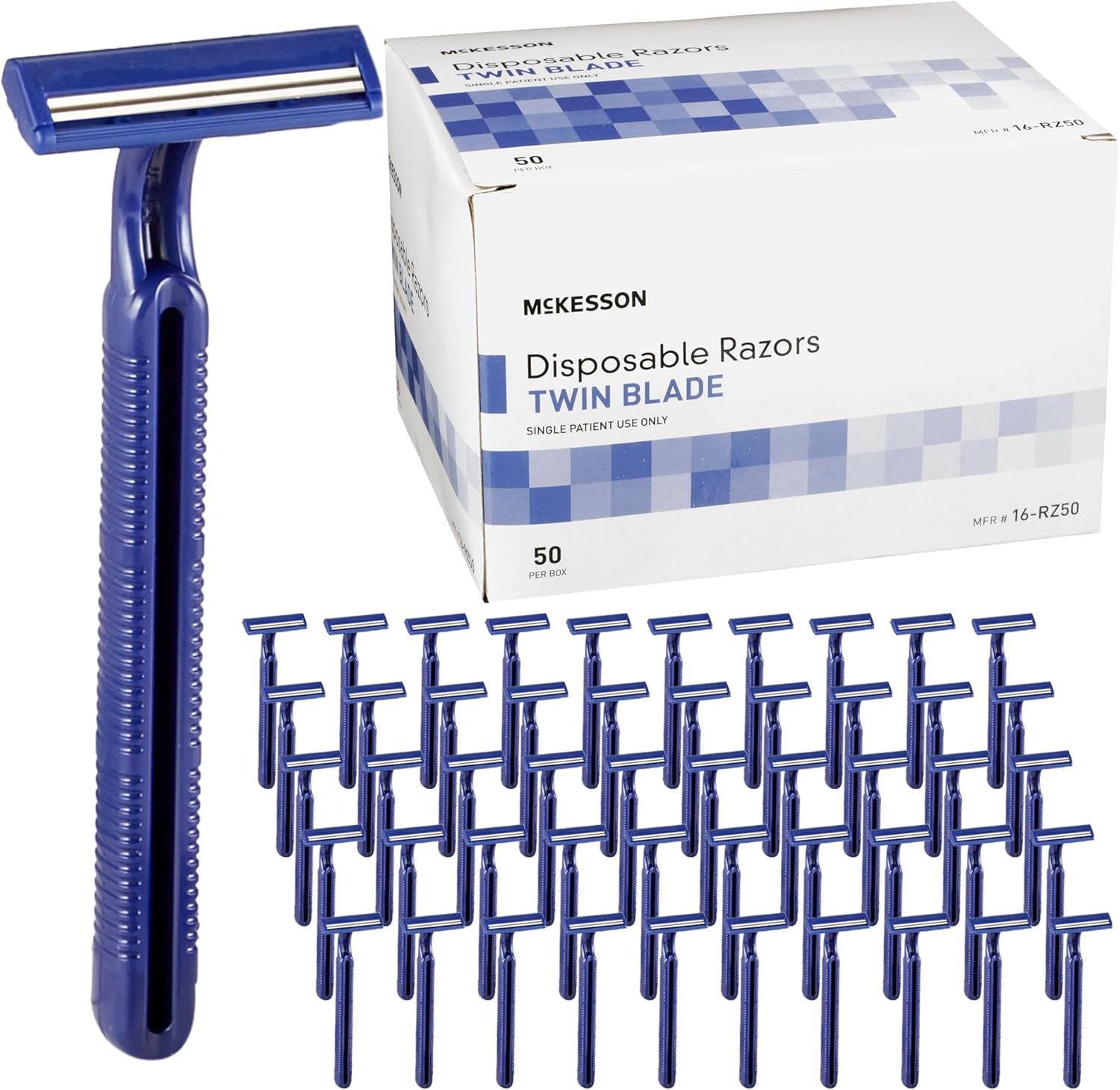 McKesson Disposable Razors [50 Count] – Twin Blade Bulk Shaving Razors for Men & Women, Stainless Steel, Blue, Single-Use for Medical Clinics, Tattoo, Travel, Camping & Salon Care