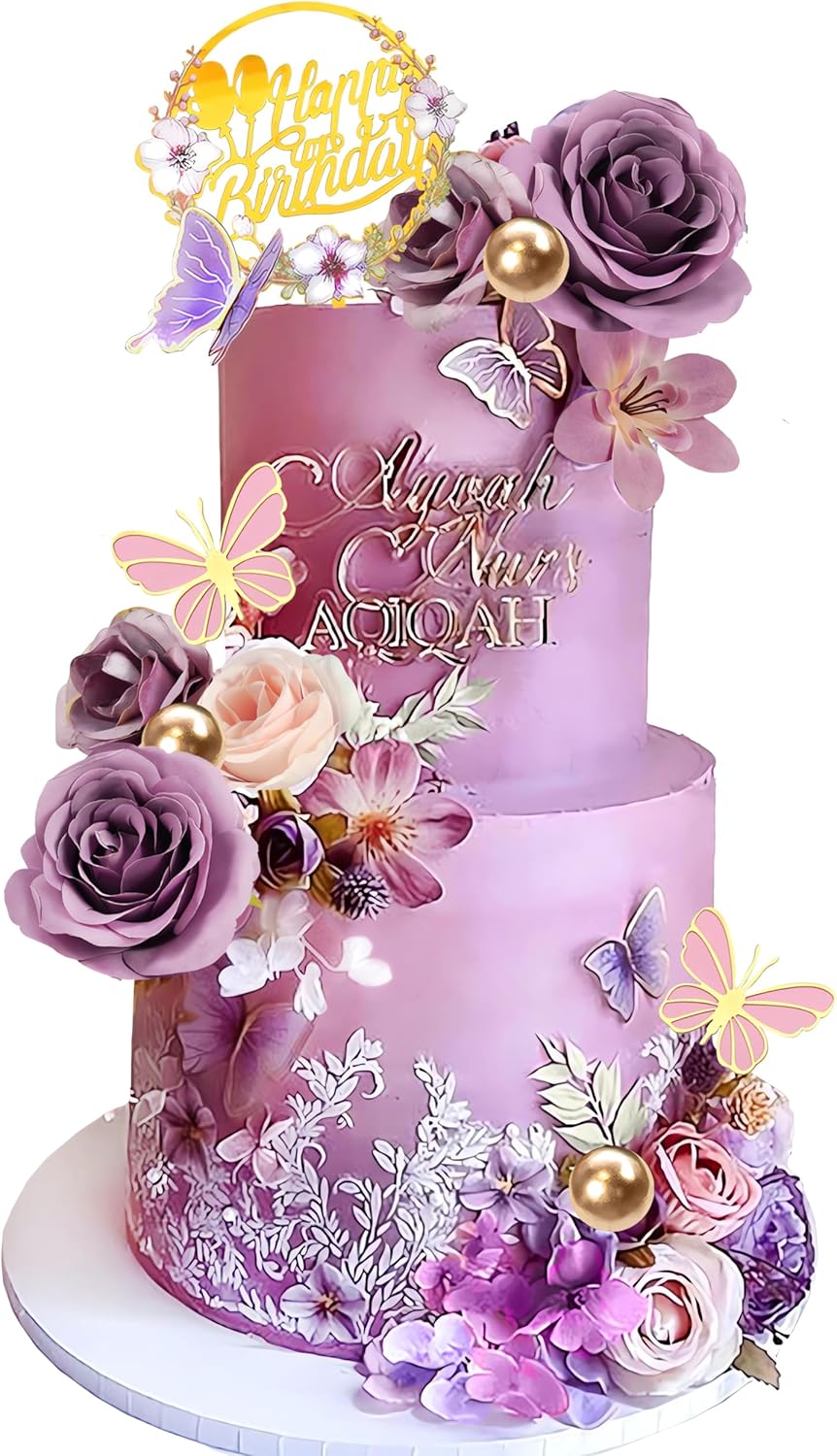 Flower Cake Topper Purple Cake Decorations with Artificial Flowers Butterfly Balls for Wedding Birthday