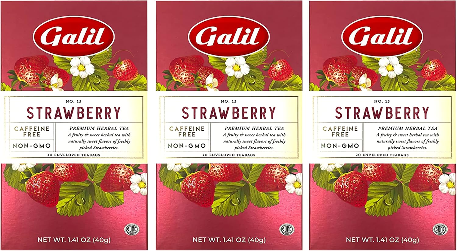 Galil Strawberry Tea Pack of 3 – Caffeine-Free Herbal Tea, Certified Kosher Tea – Non-GMO Fruit Teabags 20 Count, 60 Tea Sachets Total (Pack of 3)
