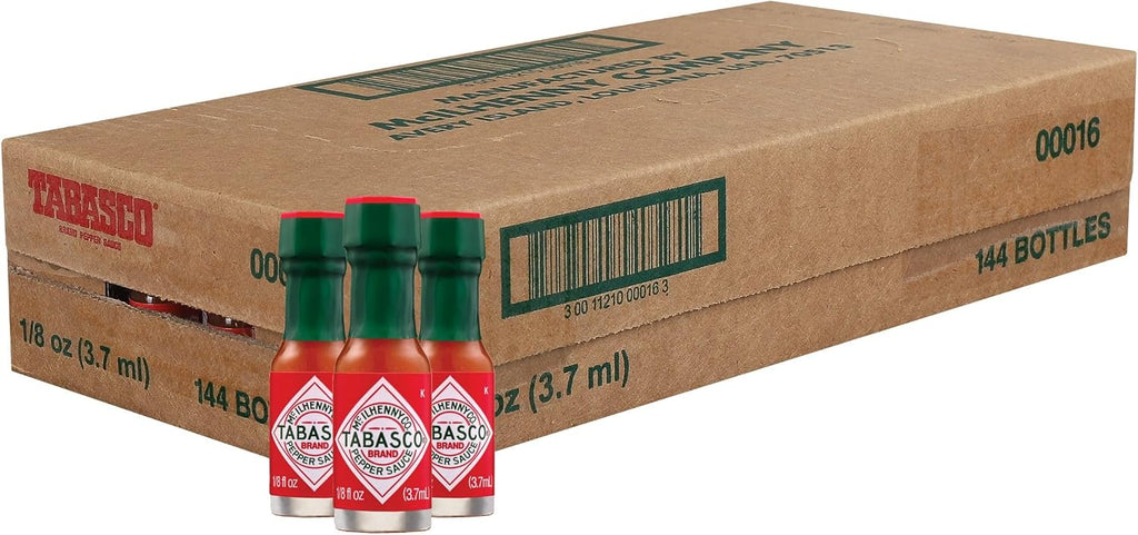 TABASCO Brand Original Red Pepper Sauce, Medium Hot Sauce, Mini Glass Bottles, Classic Flavor, Perfect for Travel & Gifts, Great for Dips, Tacos, Oysters & More, 1/8 Oz Mini Bottles (Pack of 144)