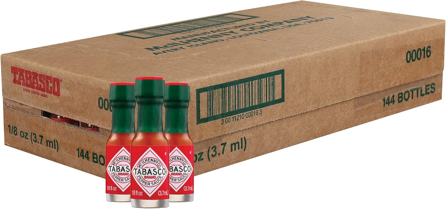 TABASCO Brand Original Red Pepper Sauce, Medium Hot Sauce, Mini Glass Bottles, Classic Flavor, Perfect for Travel & Gifts, Great for Dips, Tacos, Oysters & More, 1/8 Oz Mini Bottles (Pack of 144)