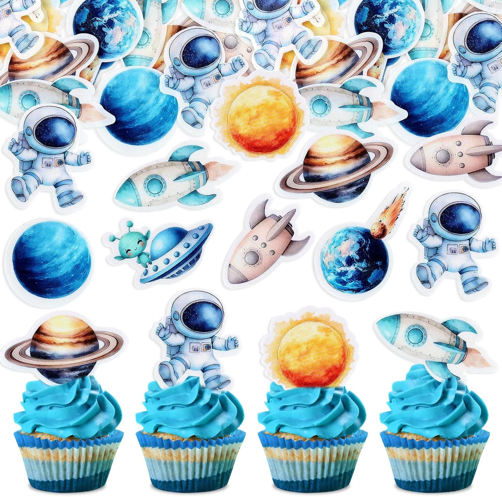 40Pcs Edible Space Astronaut Cupcake Toppers Solar System Galaxy Universe Planets Cupcake Picks Drink Topper for Outer Space Baby Shower Boys Blue Planet Birthday Party Cupcake Decorations
