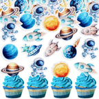 40Pcs Edible Space Astronaut Cupcake Toppers Solar System Galaxy Universe Planets Cupcake Picks Drink Topper for Outer Space Baby Shower Boys Blue Planet Birthday Party Cupcake Decorations