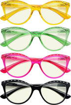 CessBlu 4 Pack Blue Light Blocking Reading Glasses for Women Cat-eye Ladies Rhinestone Readers +1.25