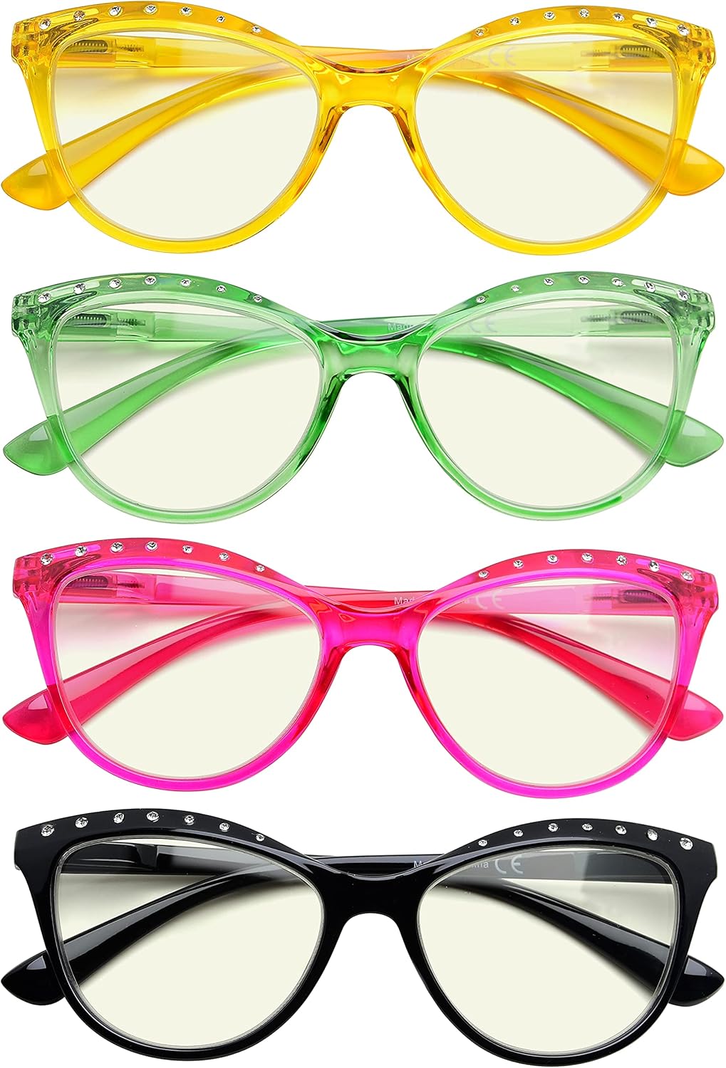 CessBlu 4 Pack Blue Light Blocking Reading Glasses for Women Cat-eye Ladies Rhinestone Readers +1.25