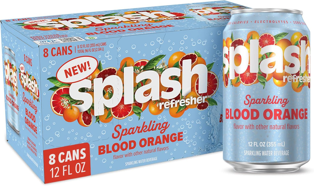 SPLASH REFRESHER Sparkling Water, Blood Orange - 8-Pack, 12 Fl Oz Cans - Flavored Carbonated Seltzer Water with Electrolytes, Zero Sugar & Zero Calories