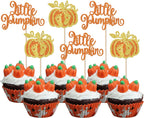 Rsstarxi 24 Pack Little Pumpkin Cupcake Toppers Little Pumpkin Baby Shower Decorations Glitter Pumpkin Birthday Cupcake Picks for Pumpkin Fall Baby Shower Party Cake Decorations Orange