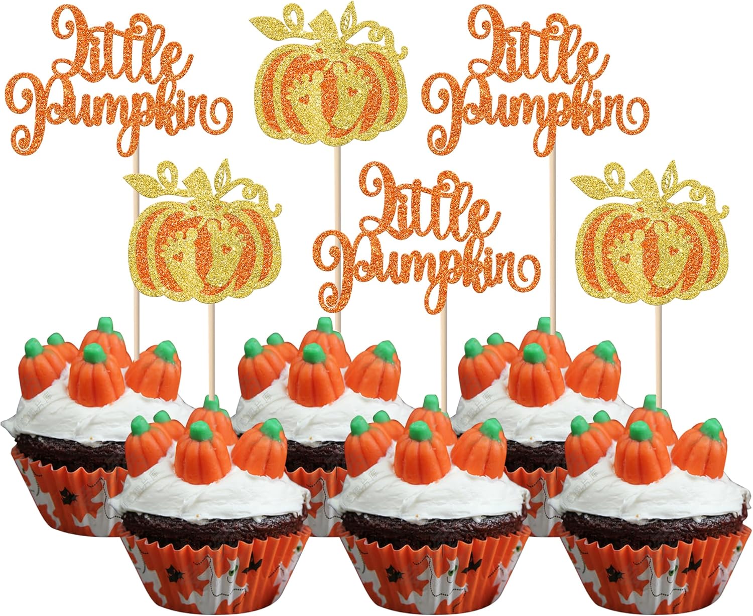 Rsstarxi 24 Pack Little Pumpkin Cupcake Toppers Little Pumpkin Baby Shower Decorations Glitter Pumpkin Birthday Cupcake Picks for Pumpkin Fall Baby Shower Party Cake Decorations Orange